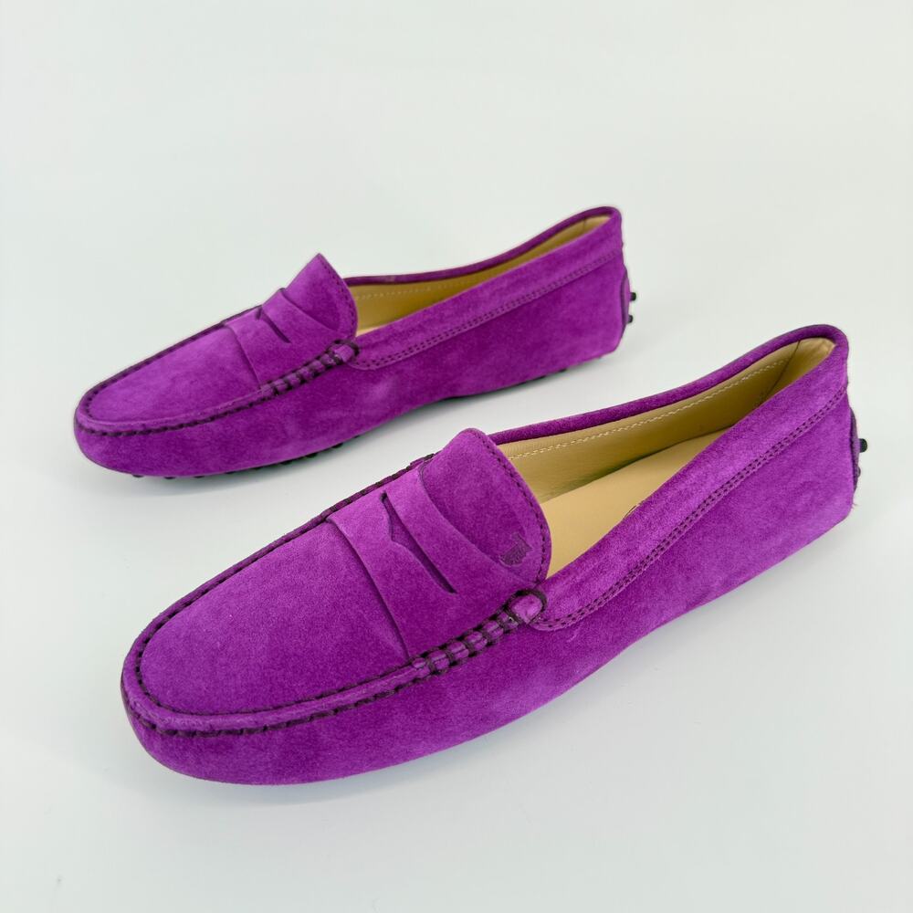 Tod’s Gommini Purple Suede Loafers Size 7.5 EU 38 Womens Driving Flats Italy New - Picture 2 of 9